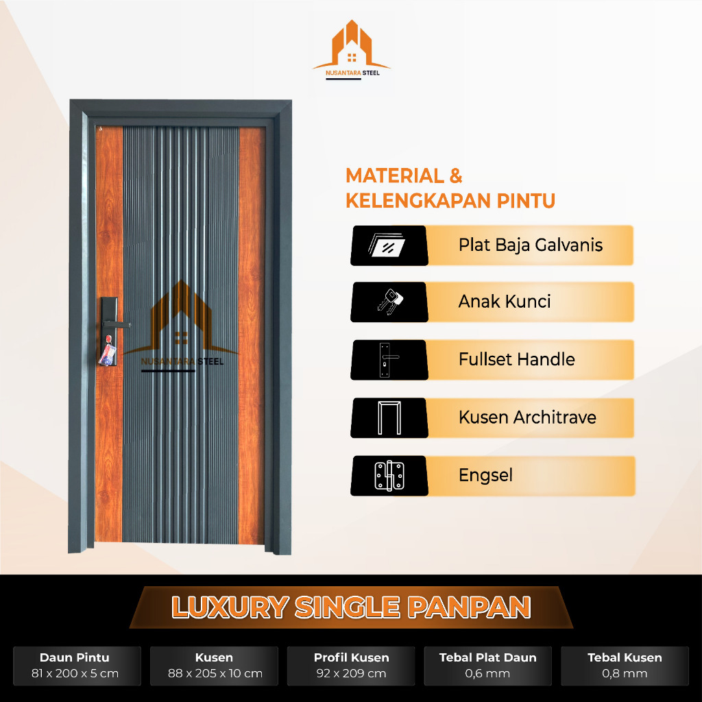 TBNS - (LUXURY SINGLE PAN) Set Pintu Plat Baja Utama Single Pintu Kamar Tidur Baja Lengkap dengan Ku