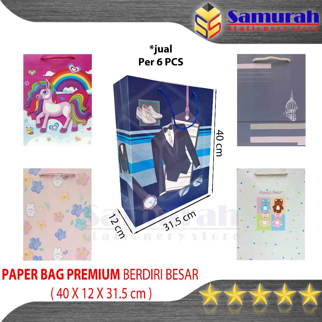 

Paper Bag Premium Besar Tali Berdiri / Goodie Bag Karton Tebal Fancy 1 pak isi 6 pcs / Tas Belanja Big Gift Kado Lucu
