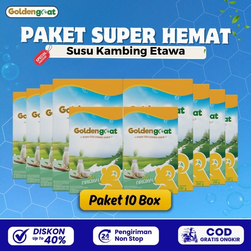

PAKET SUPER HEMAT 10 BOX GOLDENGOAT SUSU KAMBING ETAWA BUBUK ORIGINAL MURAH ATASI SESAK NAFAS NYERI SENDI TULANG LUTUT PUNGGUNG REUMATIK