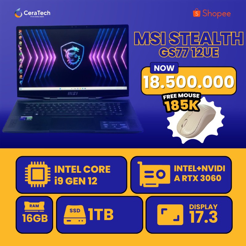 LAPTOP MSI STEALTH GS77 12UE- CORE I9 12900H- RAM 16GB SSD 1TB- LAPTOP MURAH- LAPTOP SECOND- LAPTOP 