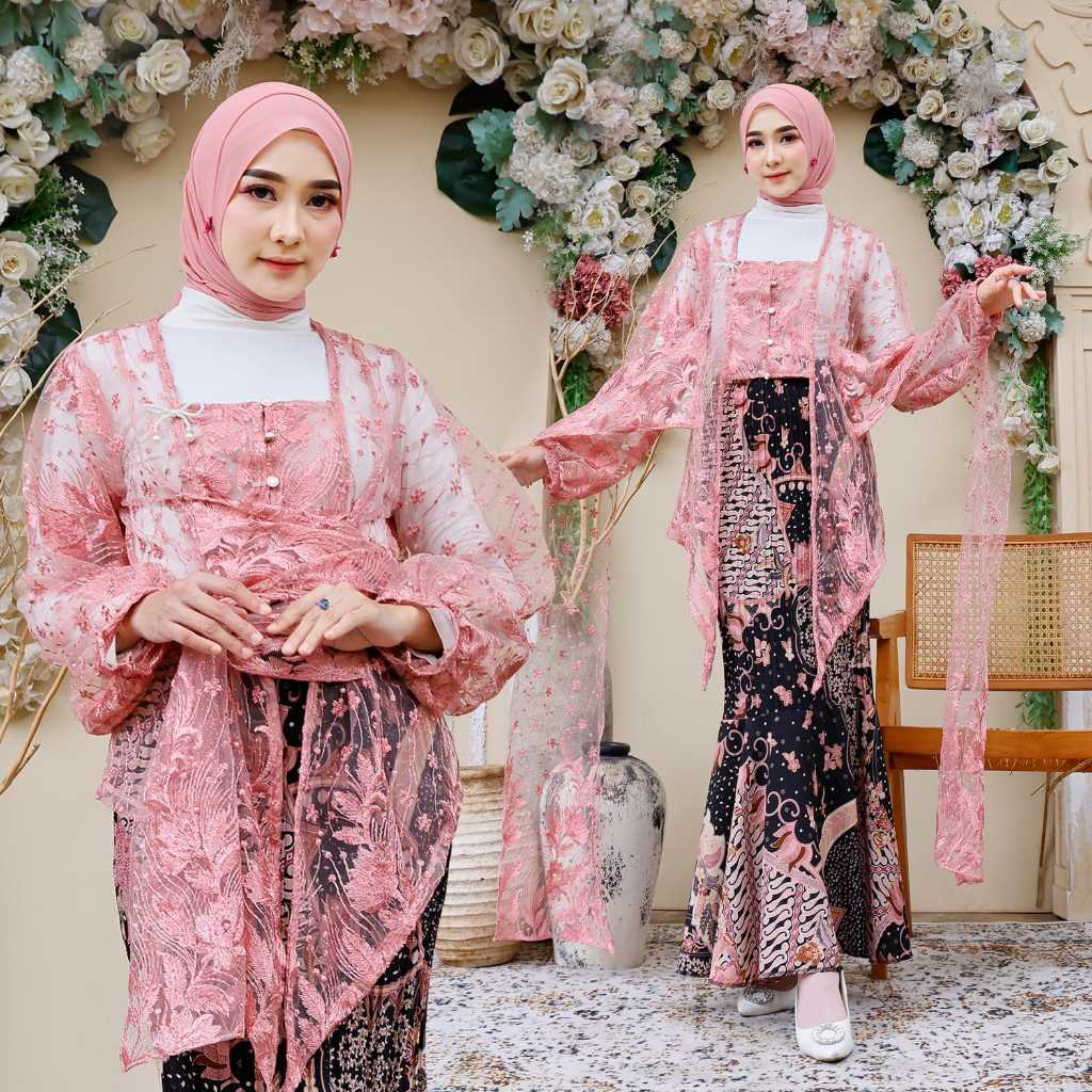REALPIC Set Batik Shania Fashion Pakaian Wanita Setelan Kebaya Atasan Brukat Busui dan Rok Plisket M