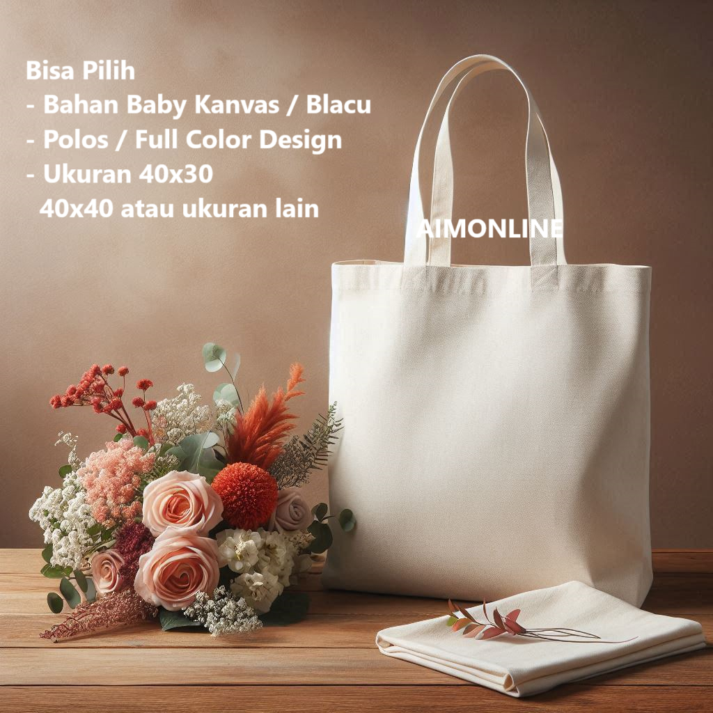 Totebag Custom Kanvas Blacu Polos Design Ukuran 40x30 40x40 Jahit