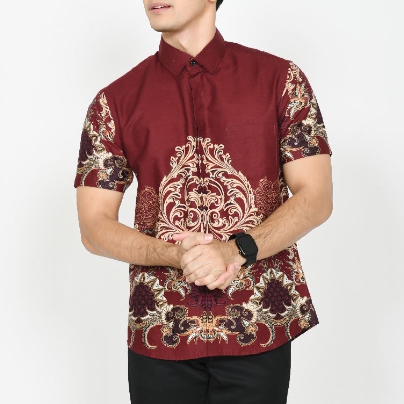 KEMEJA BATIK PRIA SLIM FIT BAJU BATIK PRIA SLIM FIT PREMIUM CS121 SPESIAL MERAH IMLEK