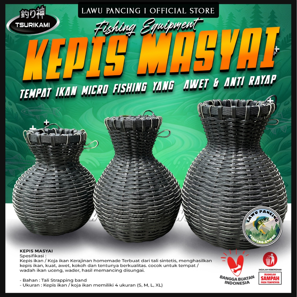 Kepis Wader Masyai /Koja ikan/wadah ikan Ukuran S M L  bahan tali strapping