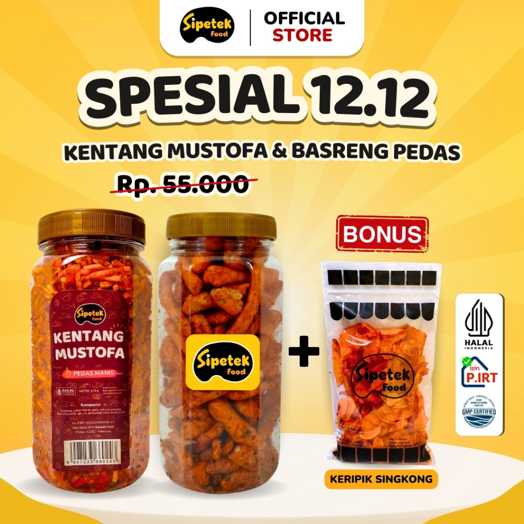 

[12.12 AMBYAR] Paket Kentang Mustofa Toples + Basreng Toples Sipetek