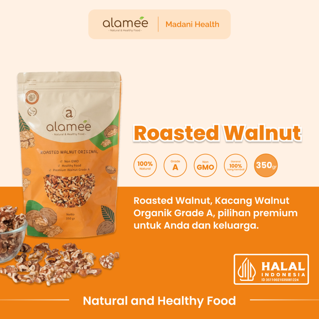

ALAMEE Roasted Kacang Walnut Kenari Otak Panggang Oven Premium Organik Siap Makan Utuh Cemilan 350g
