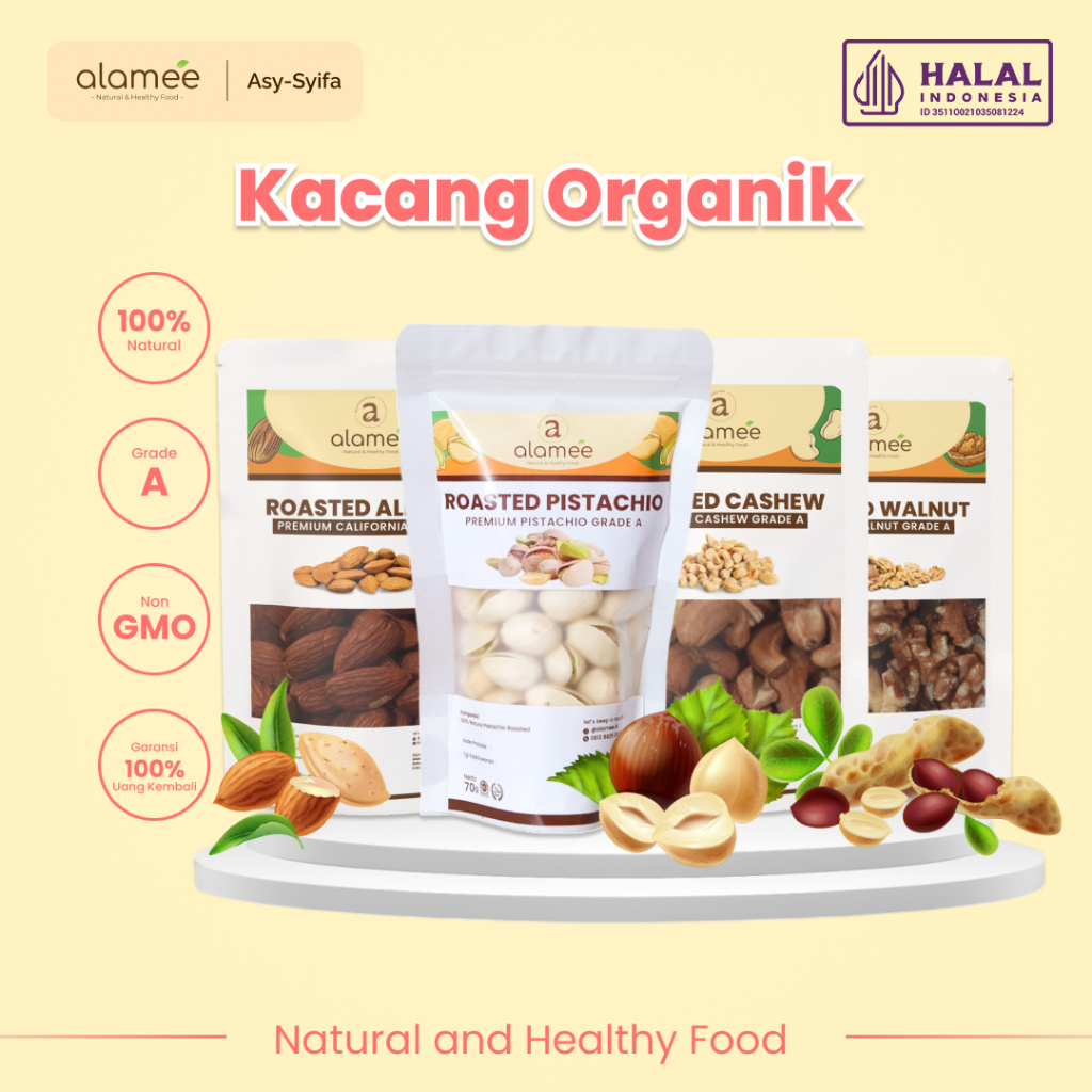 

Kacang Almond Almon Mede Walnut Pistachio Kupas Panggang Premium Roast Roasted Oven Siap Makan