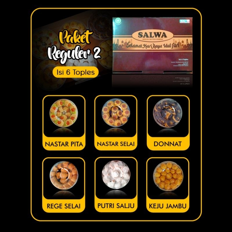 

Paket reguler 2 Isi 6 Toples, Kue Nastar Lebaran Salwa Rasa6, Varian Rasa (±250g per Toples)