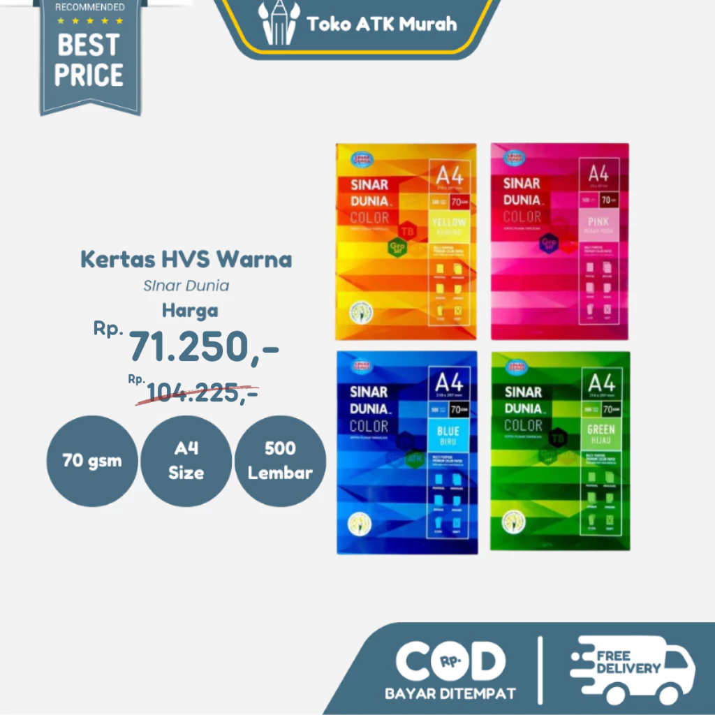 

Kertas HVS Warna A4 70gsm Sinar Dunia – 1 Rim 500 Lembar