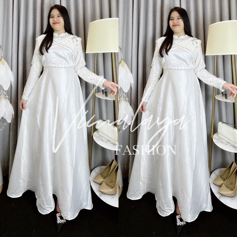 Gamis Putih Polos Satin Kombinasi Tile Bordir 76651 Baju Muslim Vima Lebaran