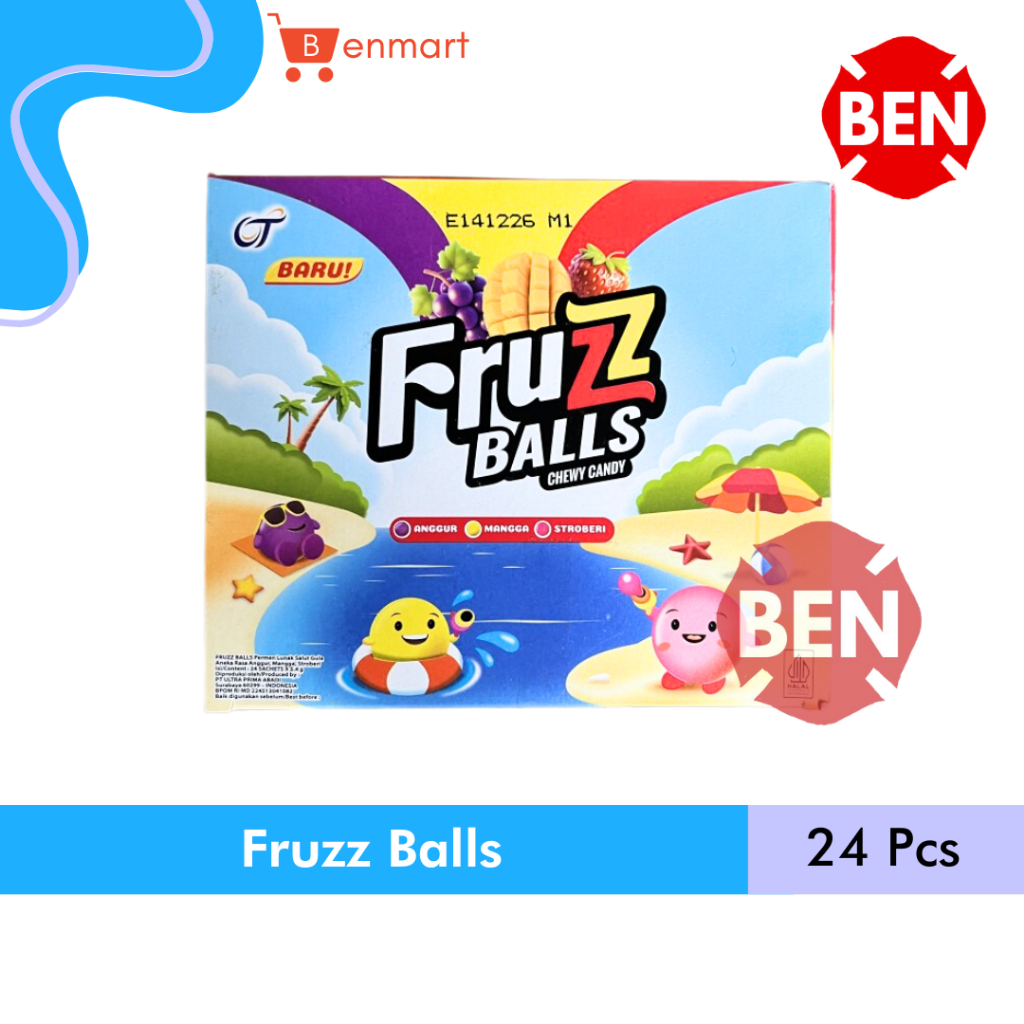 

Fruzz Balls Chewy Candy 1 Box 24 Pcs - Permen Lunak Anggur Mangga Stroberi