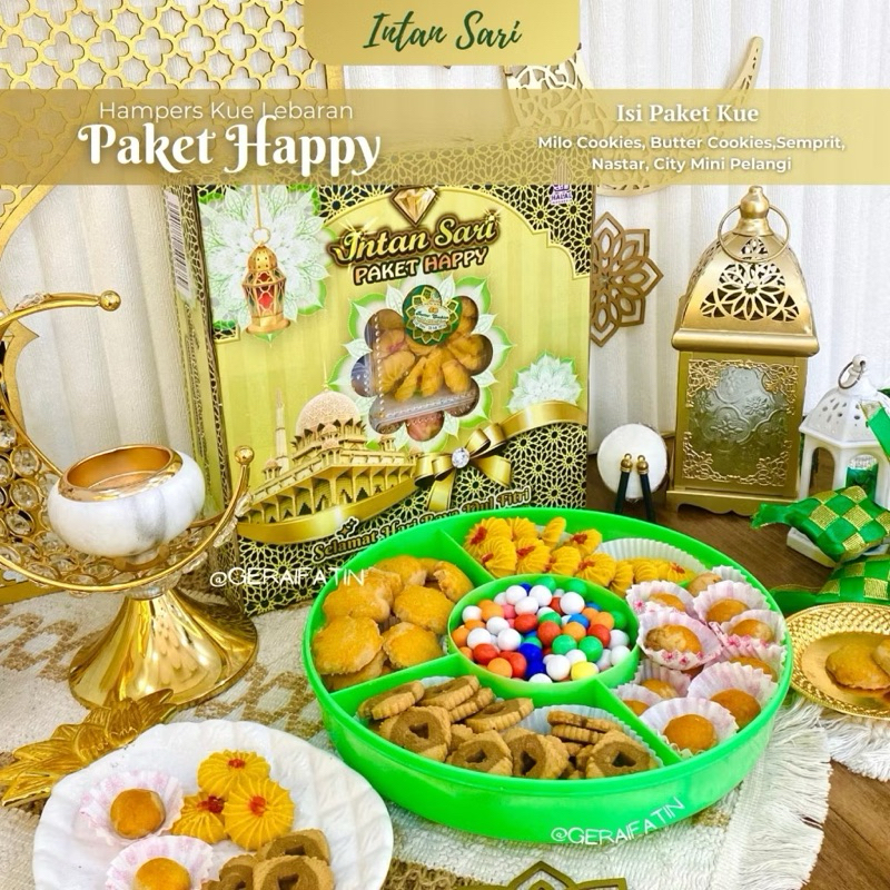 

Intan sari Happy - Paket kue kering di toples sekat lima - Hantaran Lebaran Idul Fitri