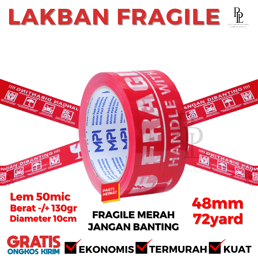 

Lakban FRAGILE Merah 48mm x 72yard | Solasi Logo / Tanda Jangan Dibanting Lem Kuat Murah