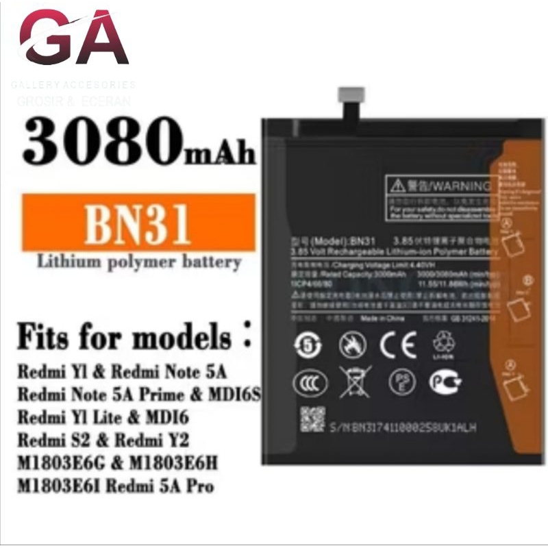 Baterai XIAOMI Redmi Note 5A / Note 5A / Note 5A Prime / S2 BN31 ORI