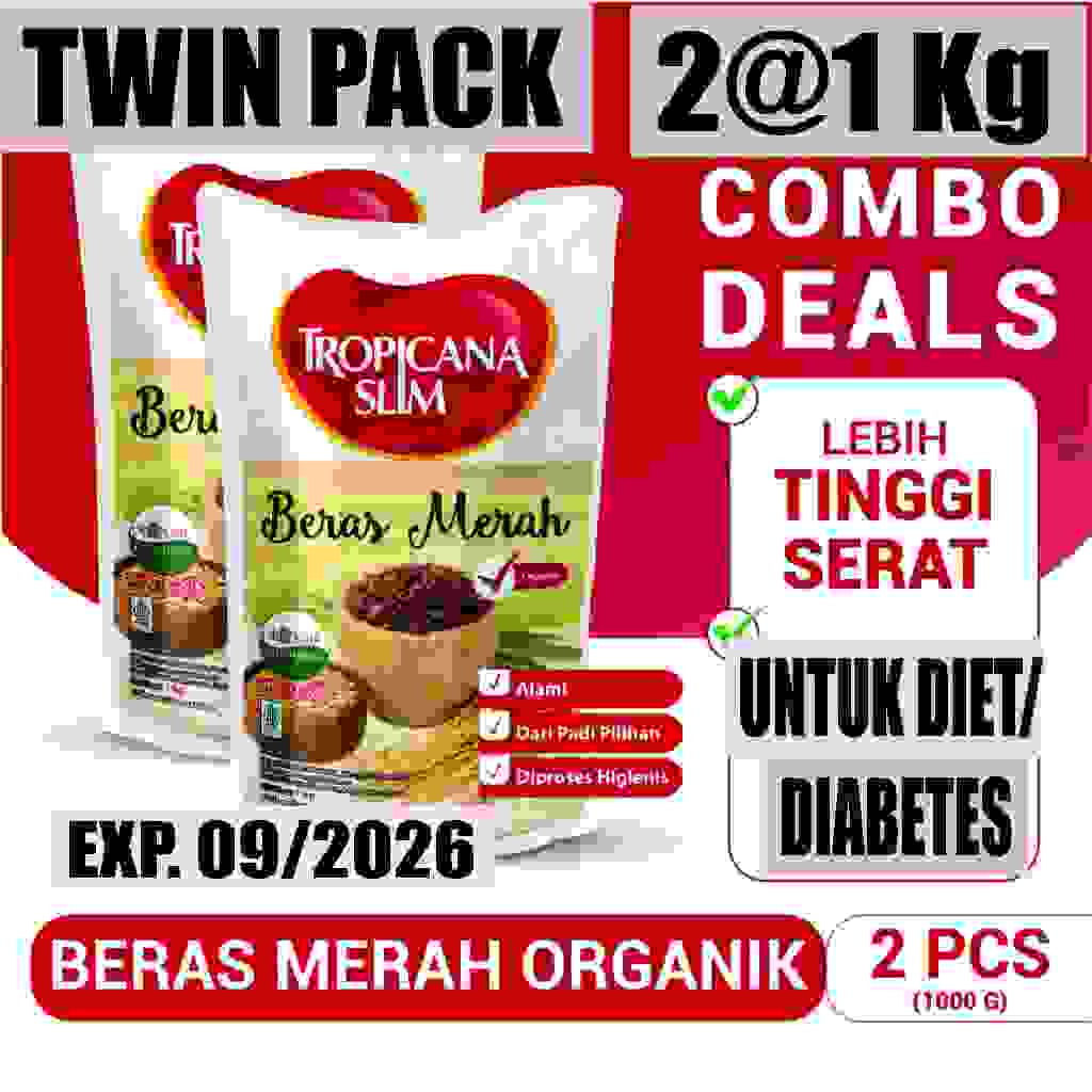 

Twin Pack TROPICANA SLIM Beras Merah Organik Diet Diabetes Pulen Tinggi Serat 2@1Kg