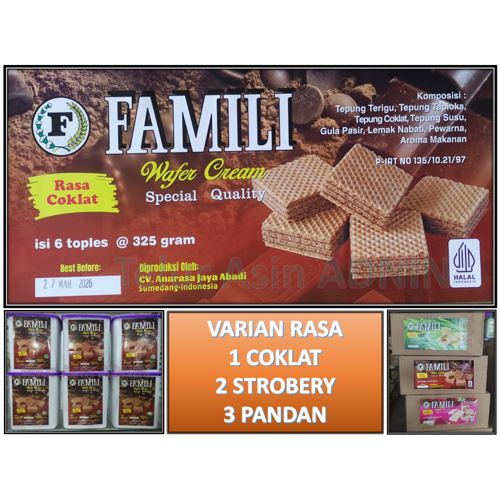

Ramadhan Sale Wafer Cream Spesial Quality "FAMILI" - Varian Rasa Coklat, Pandan, Strobery