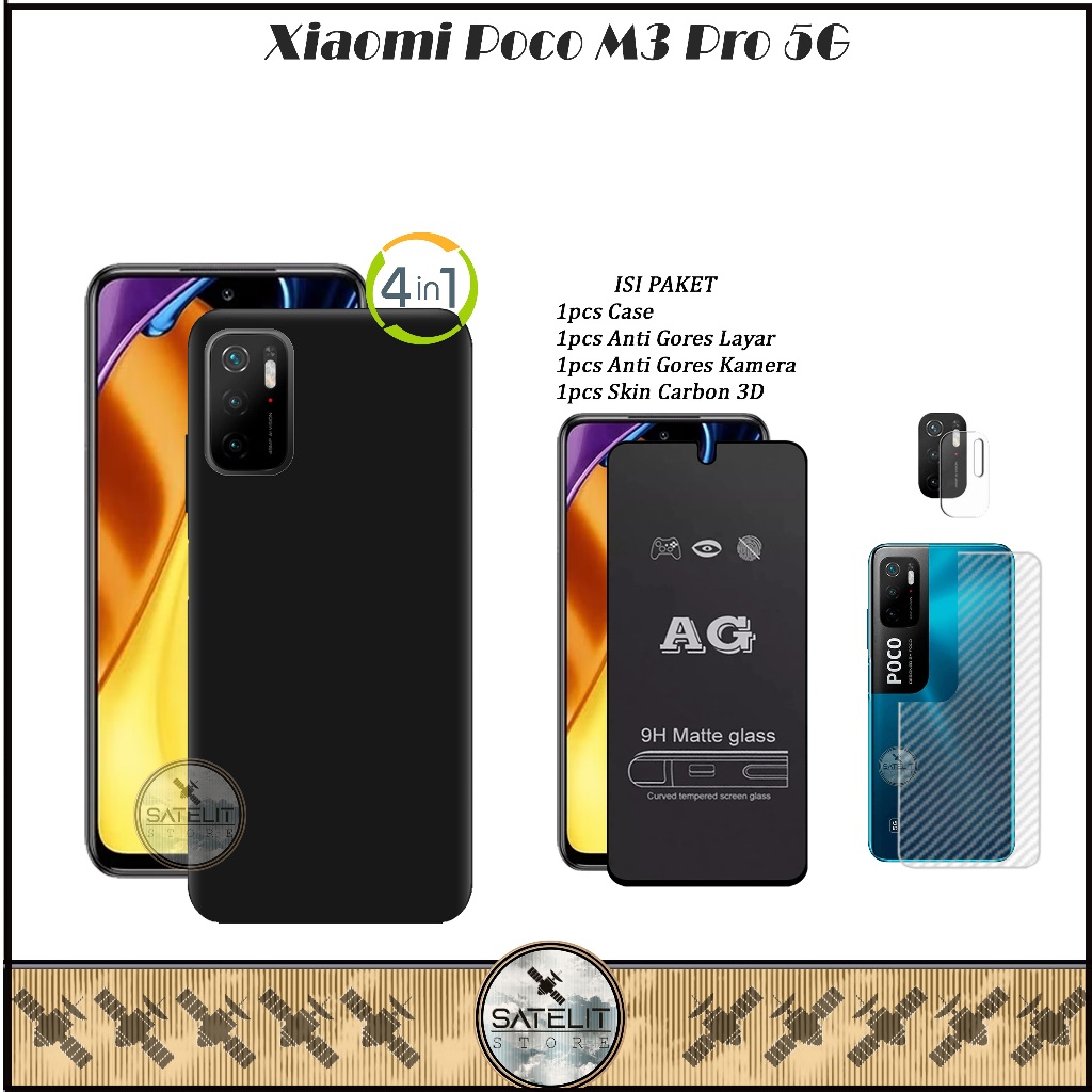 Promo Paket 4in1 Case Tempered Glass AG Xiaomi Poco M3 Pro 5G Poco M3 4G Poco M3 Softcase Black