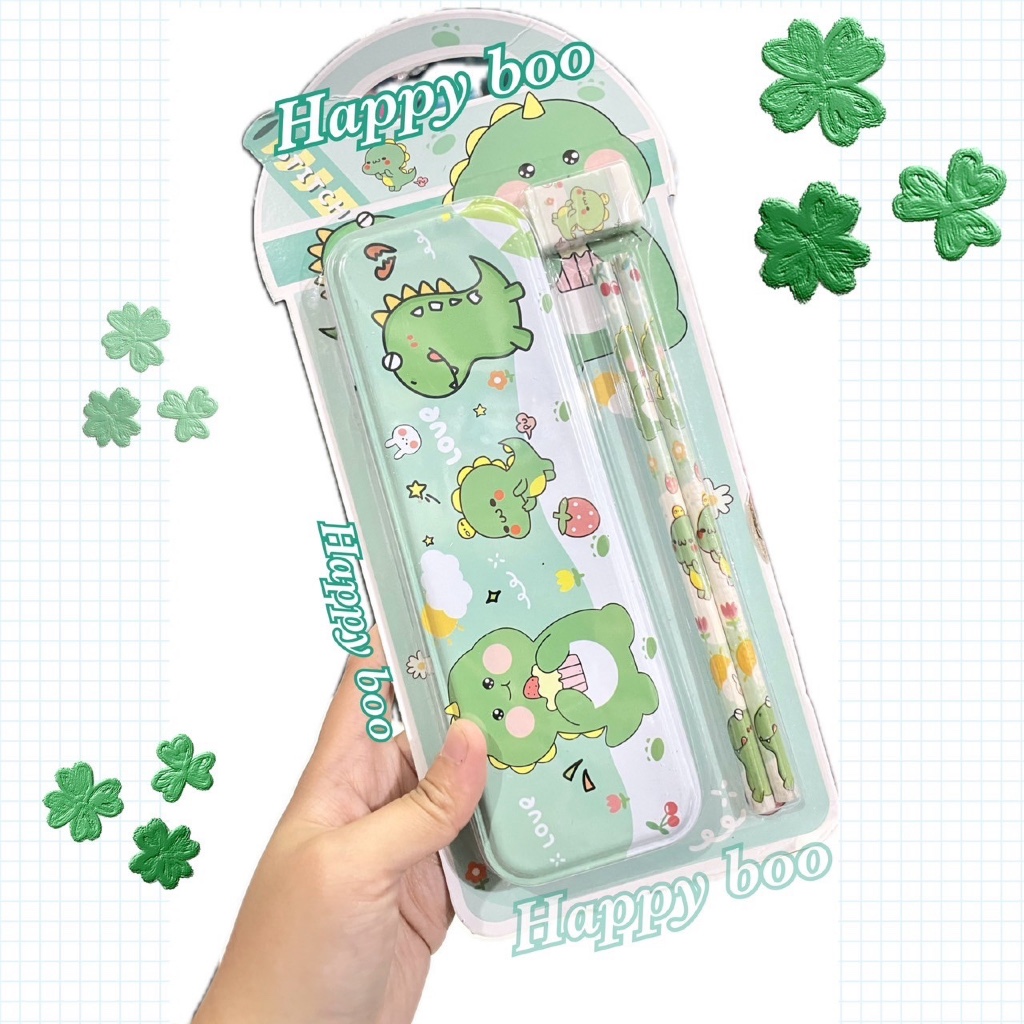 

alat tulis set tempat pensil kaleng set + pensil dinosaurus dino hijau stationery set stationary