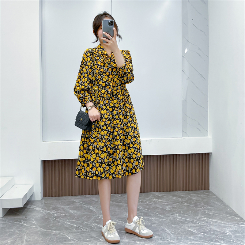 DEARMODIS 88 dress gaun motif bunga hitam cantik lengan panjang midi polyester Dasi Kupu-kupu Korea