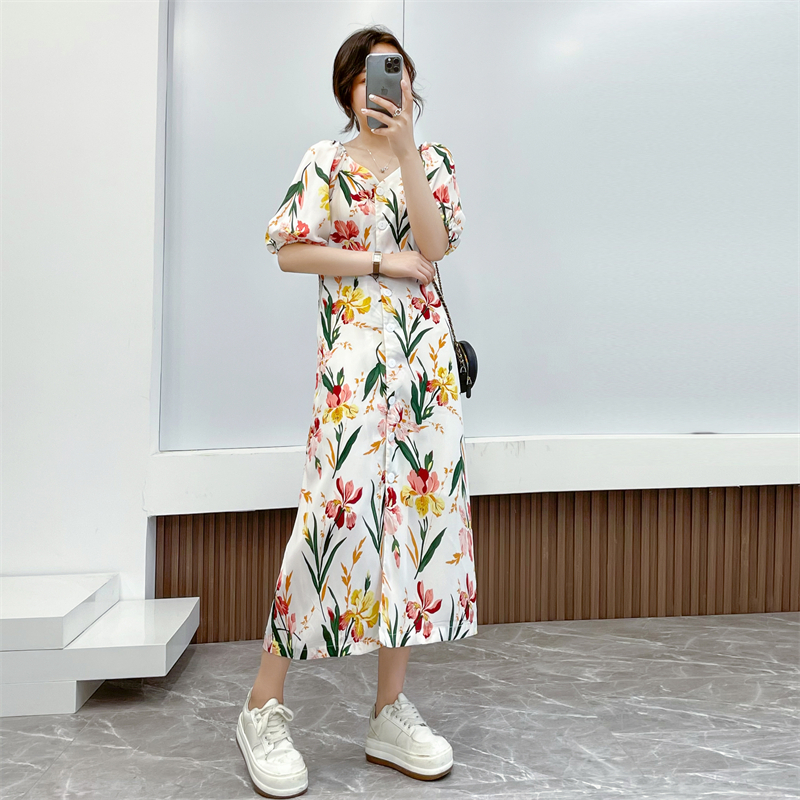 DEARMODIS 90 dress gaun warna putih floral bunga panjang Lengan Pendek V-Neck Kancing Gaun Pantai