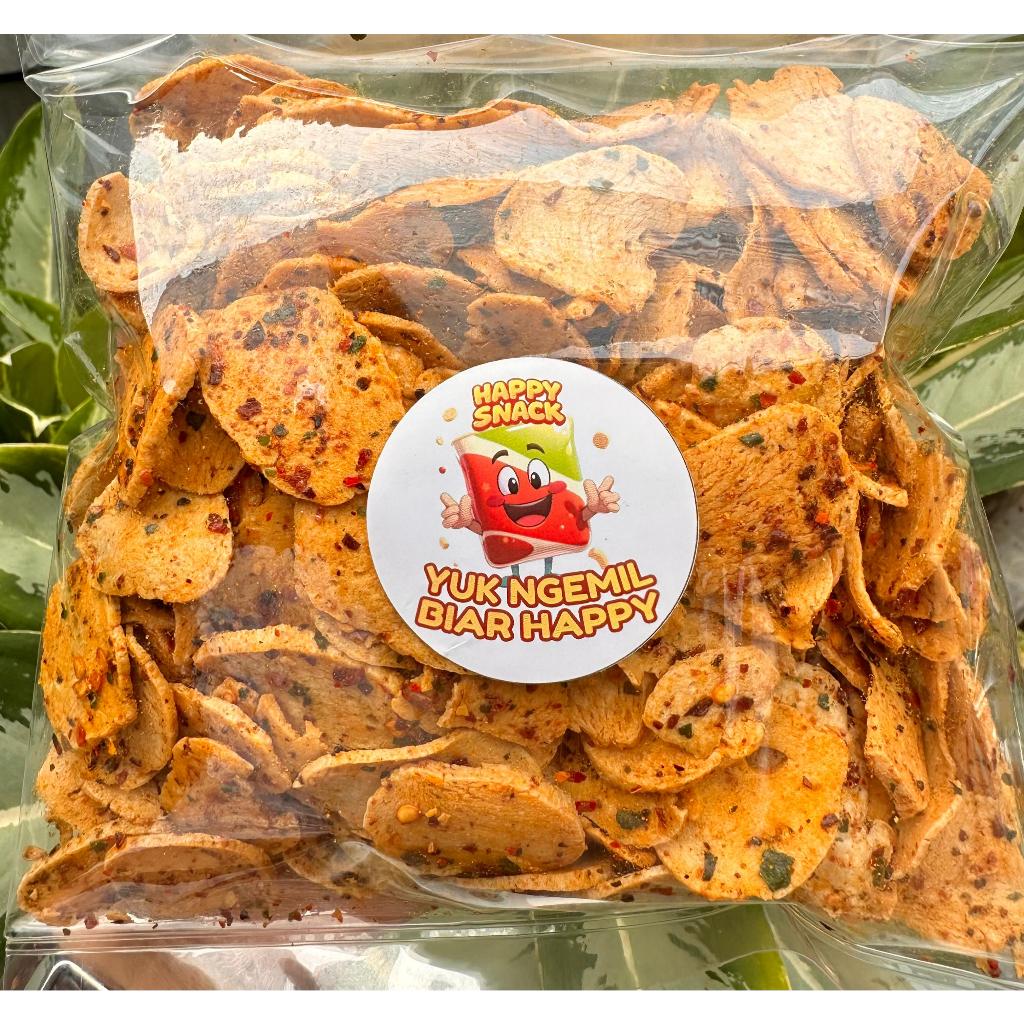 

Basreng chili oil Happy Snack kemasan praktis 250gram cemilan renyah pedas gurih asin keripik koin