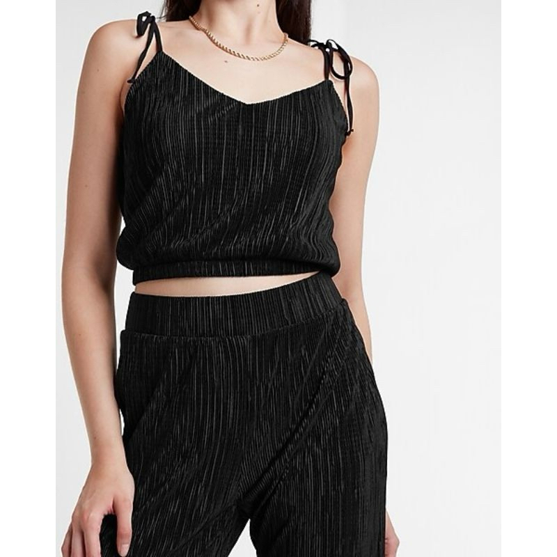 𝙋𝙍𝙀𝙇𝙊𝙑𝙀𝘿 Express Black Plisket Pleated Spaghetti Strap Crop Tank Top Blouse Hitam Fashion Wanita