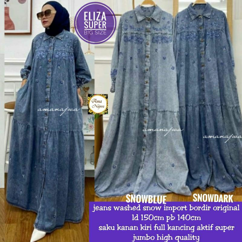 Eliza Dress Maxy Gamis Jeans Snow Bordir Bunga Ld 150 Super Jumbo Fit XXXXXL Busui Kancing Aktif By 