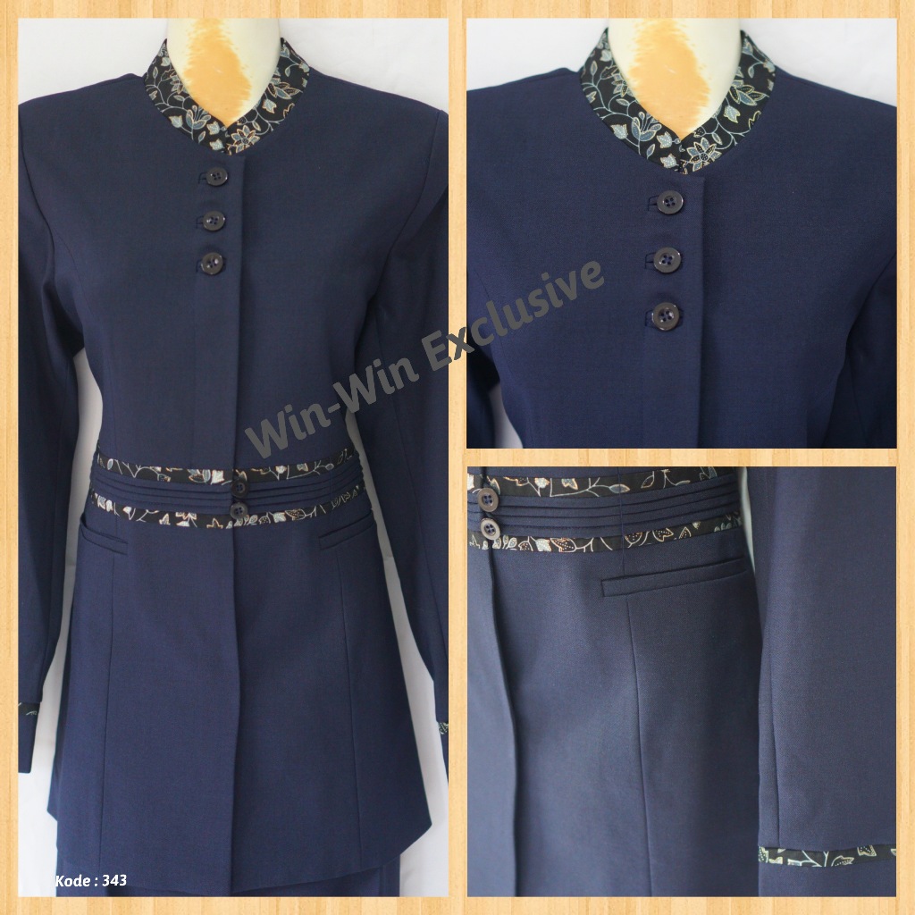 Win Win - Set Blazer Kantor Wanita Warna Biru Dongker Navy dengan Kombinasi Batik