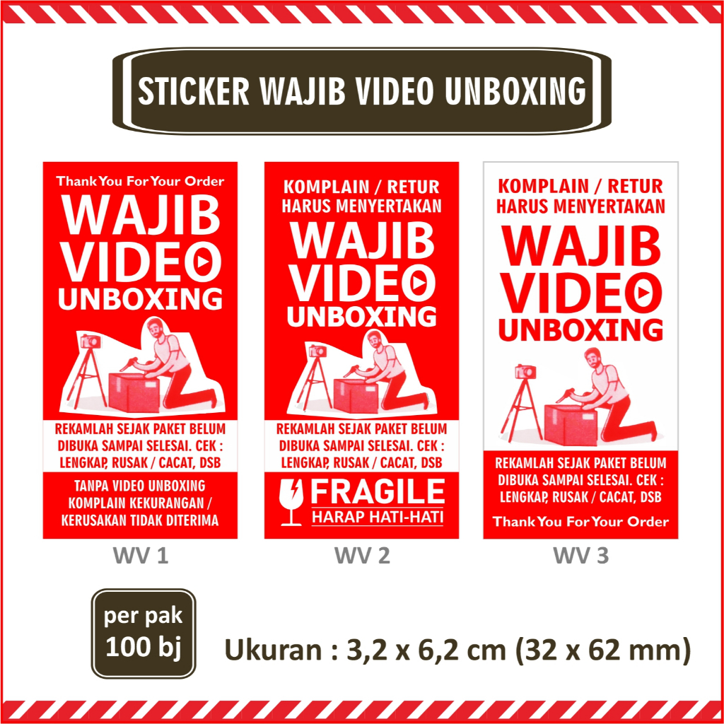 

STIKER WAJIB VIDEO UNBOXING / STICKER (100 PCS) ukuran 3,2 x 6,2 cm / 32 x 62 mm - MURAH