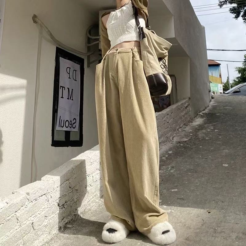GDTIMA Celana Corduroy Wanita Kulot Corduroy Hightwaist Loose Pants