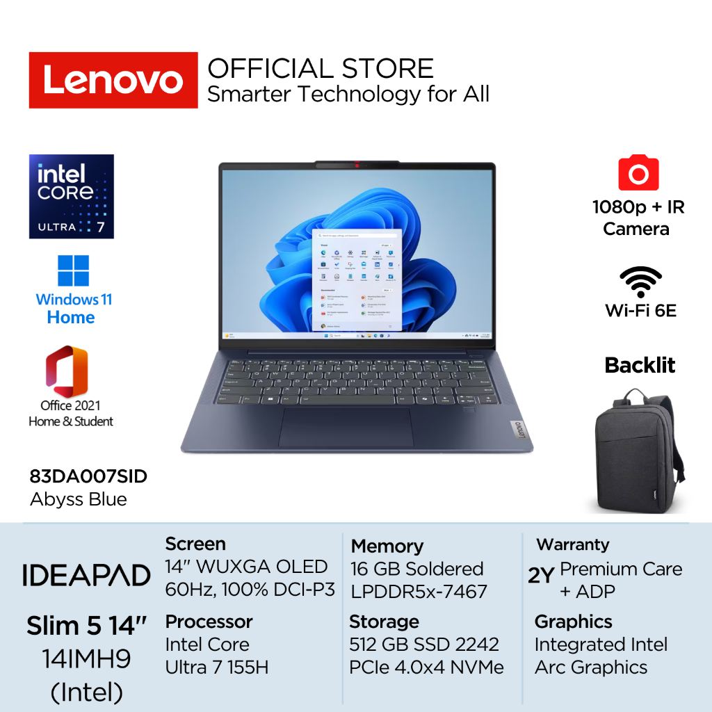 Lenovo IdeaPad Slim 5i 14IMH9 Intel Core Ultra 7 155H Win11 16GB 512GB SSD 14" WUXGA OLED 400nits 60
