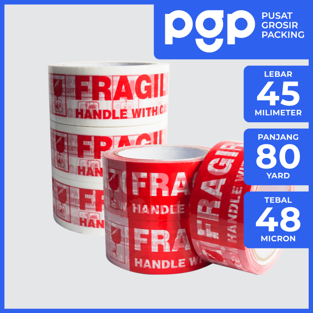 

Lakban Fragile Unboxing Putih / Merah 45mm x 80 Yard | 1 Slop Isi 6 Pcs/Roll | Lakban Murah Berkualitas