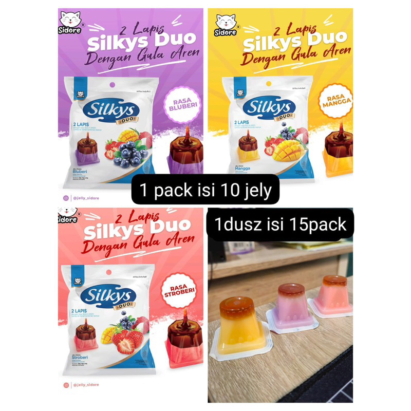 

Silkys Duo 260g (isi 10pcs) Puding Susu 2 lapis Gula Aren Jelly Rasa Buah Mangga Strawberry Blueberry Jeli Cup Kemasan Pouch