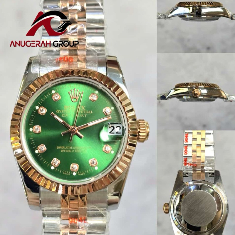 ROLEX DATEJUST 31MM AUTOMATIC / JAM TANGAN WANITA ROLEX COMBI ROSEGOLD GREEN DIAMOND PREMIUM GRADE A