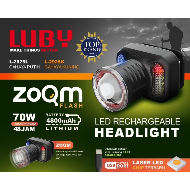 Senter kepala Luby 70watt Zoom flash L-2925 cahaya putih&kuning