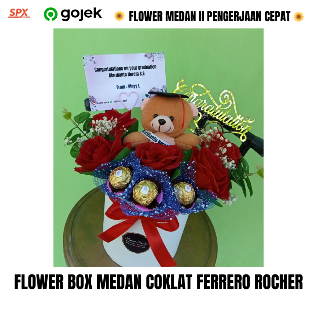 flower box medan coklat ferrero rocher valentine wisuda ulang tahun anniversary boneka wisuda