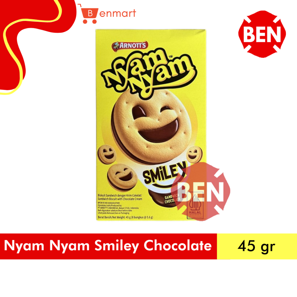 

Nyam Nyam Smiley Sandwich Chocolate 45g 45gr 45 gram Nyamnyam Biskuit Cokelat Coklat