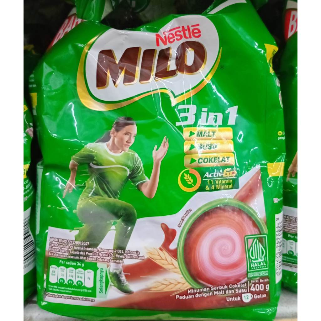 

Nestle Milo 3in1 ActivGO Bag Cokelat 400gr / Susu Bubuk Milo 3in1 Cokelat