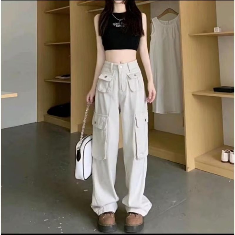 Celana Cargo Panjang Highwaist Wanita - Cargo Denim Pasir Putih