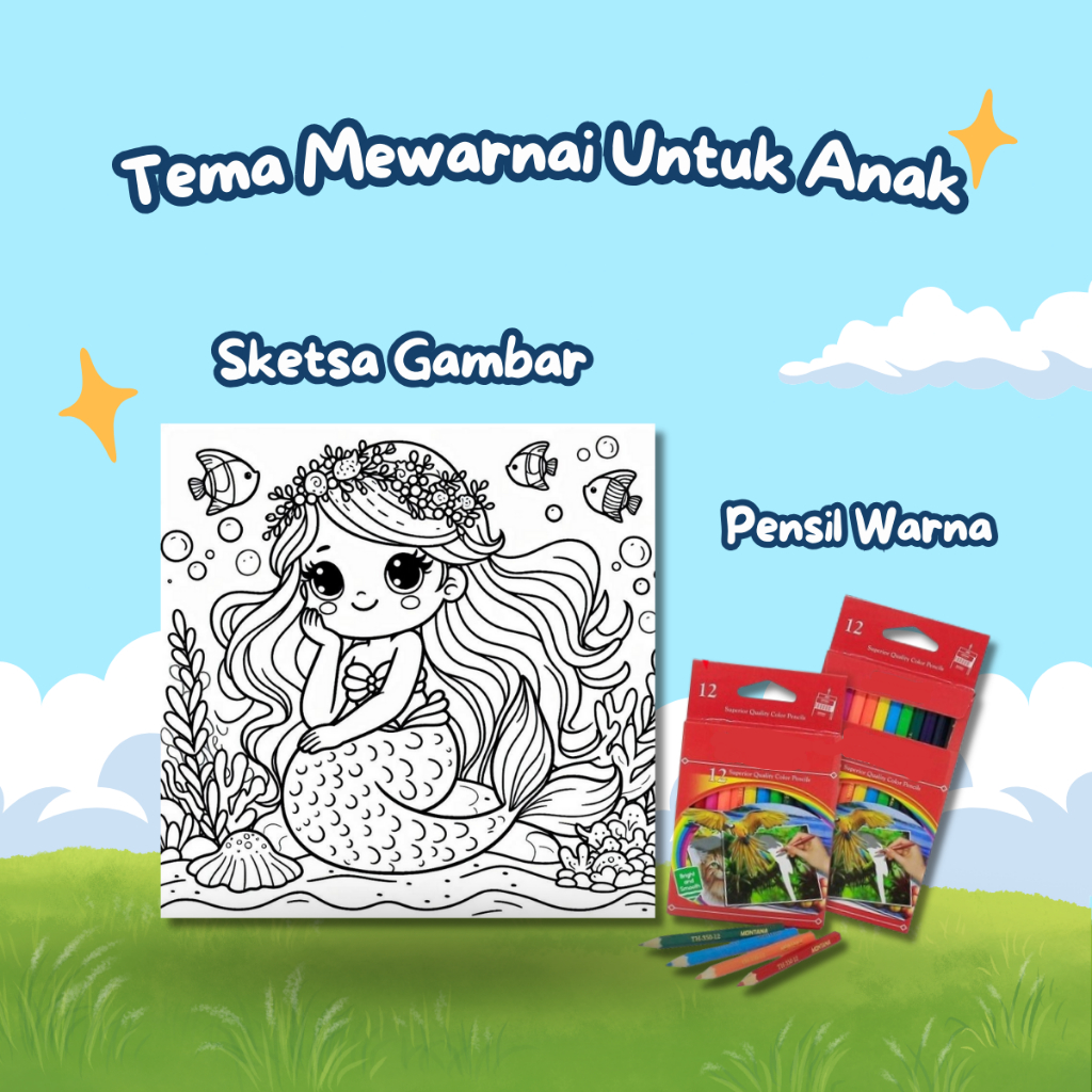 Kertas Gambar Mewarnai Untuk Anak Tk & Paud Tema : Putri Duyung Isi 20 Lembar Mewarnai + Pensil Warn