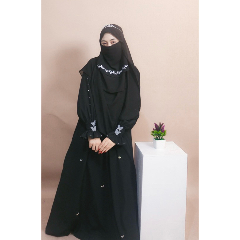 dres abaya hitam butterfly karet by syahshel