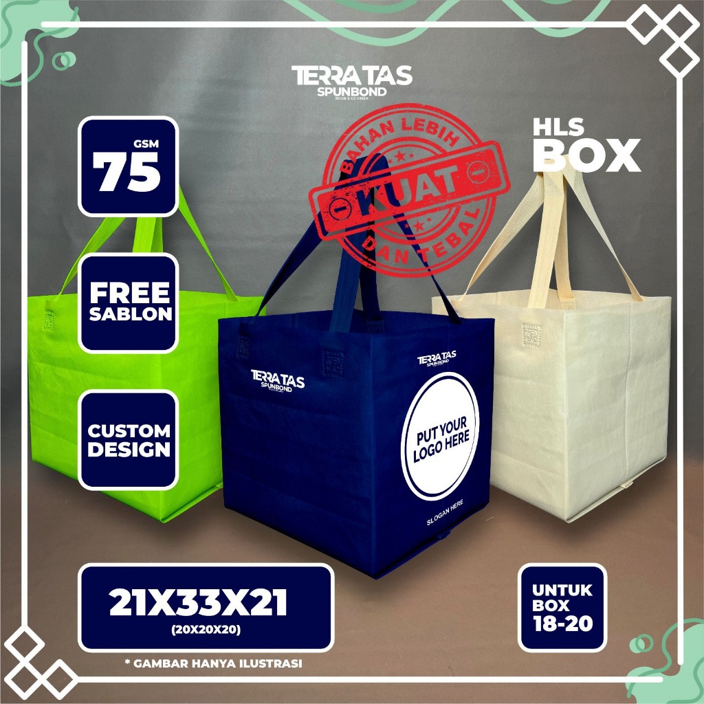 

Custom Made Tas Spunbond Souvenir Tote Bag Kotak Makan 75 GSM 21x33x21 Untuk Box 18-20 + Free Sablon