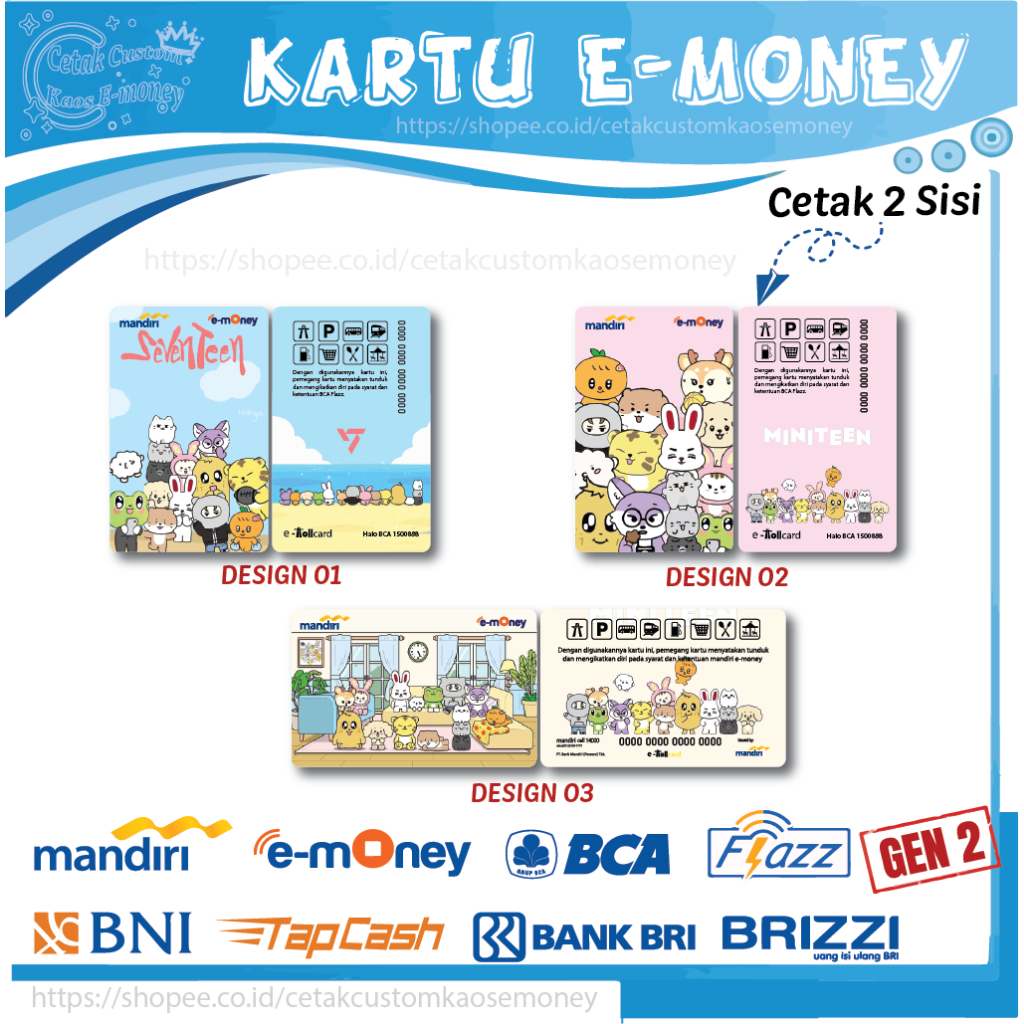 KARTU E MONEY E TOLL KARTUN KARAKTER SEBONG SEVENTEEN MINITEEN EMONEY MANDIRI BNI BRI BCA - 2 SISI