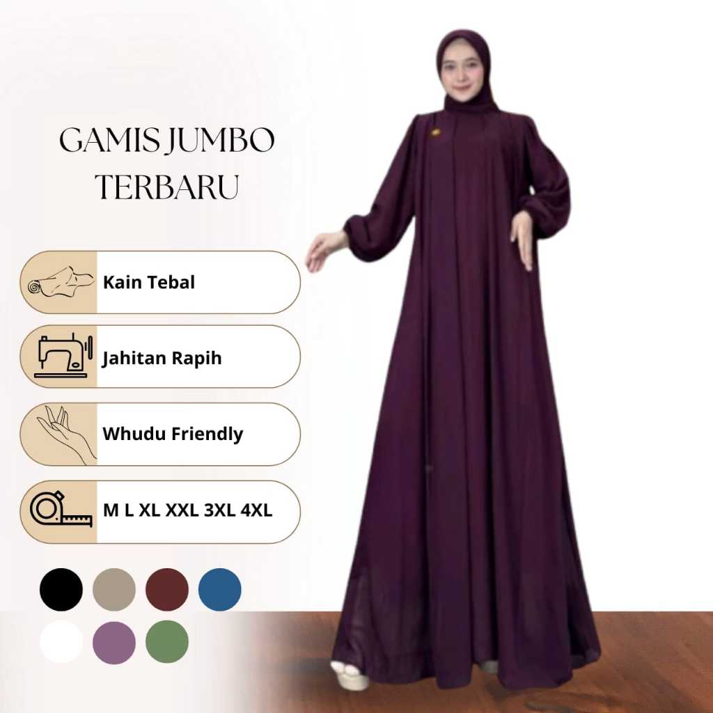 Gamis Lebaran Terbaru 2025 Bahan Ceruty Babydoll full Furing Ukuran Jumbo Ld 140 Warna Burgundy Hita