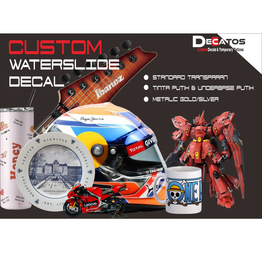 

Cetak/Custom Water Slide Decal Tinta Putih / Underbase Putih Ukuran A4 (21x28)
