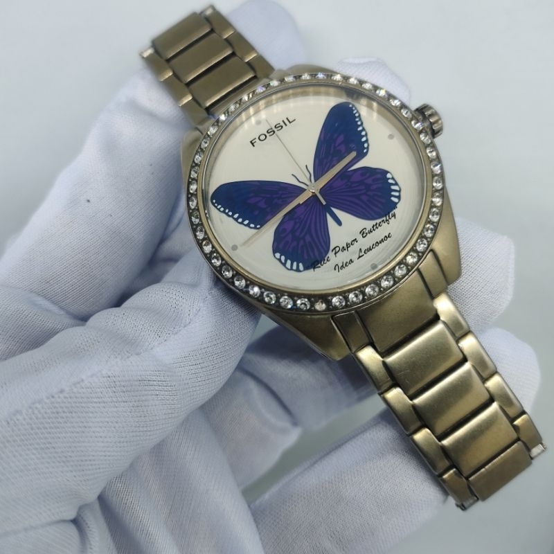 Second Fossil FS-2244 QUARTZ preloved jam tangan bekas berkualitas Blues Butterfly