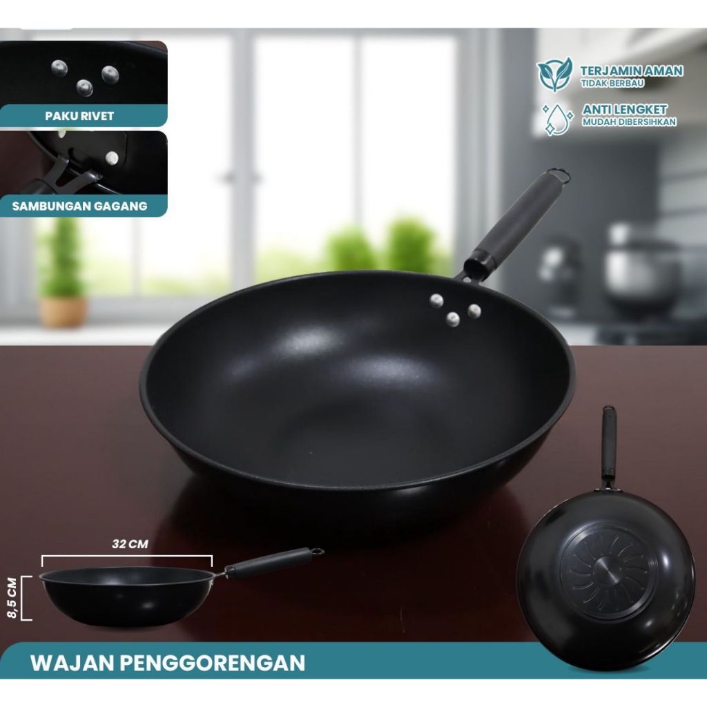 Wok Pan 32cm Panci Wajan Anti Lengket non-stick Black Carbon Steel