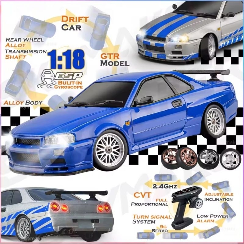RC DRIFT RWD NISSAN SKYLINE GTR R34R-34 BODY METAL ALLOY SCALE 1:18 FAST FURIOUS BRIAN