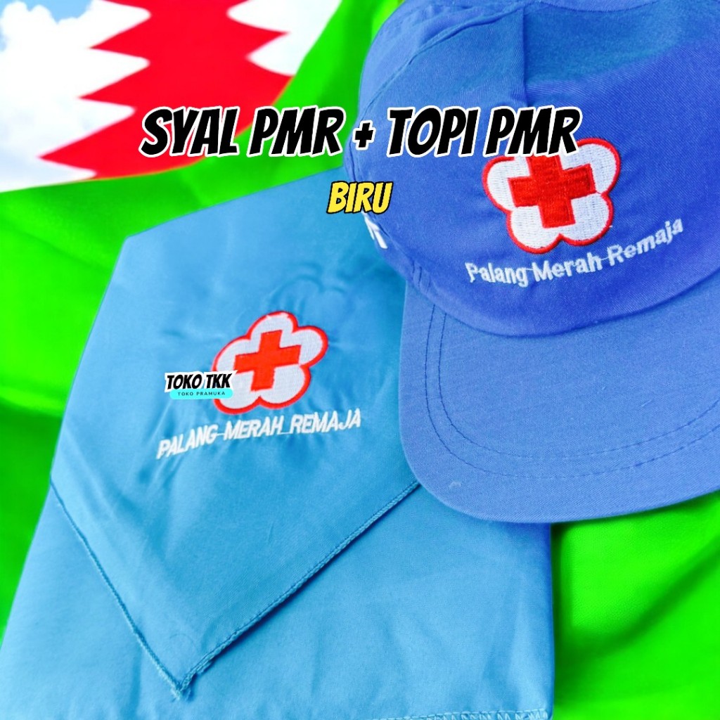 paket topi PMR + syal PMR biru bordir