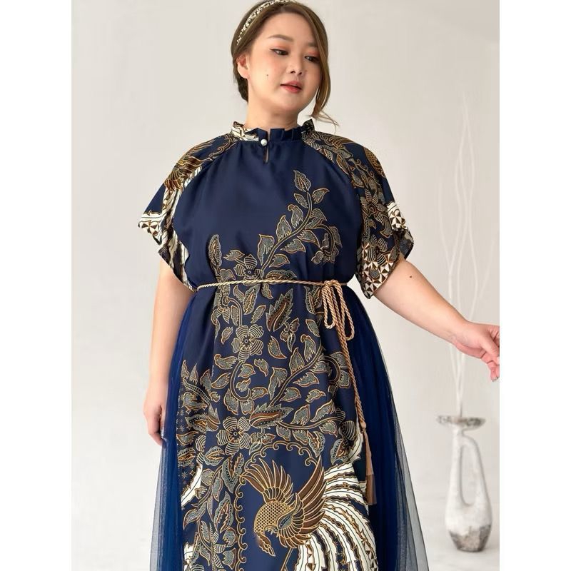 Graisse Srikandi Batik Dress - Gaun Pesta Mewah Anggun Wedding Party Formal Kondangan - Biru Navy Sa